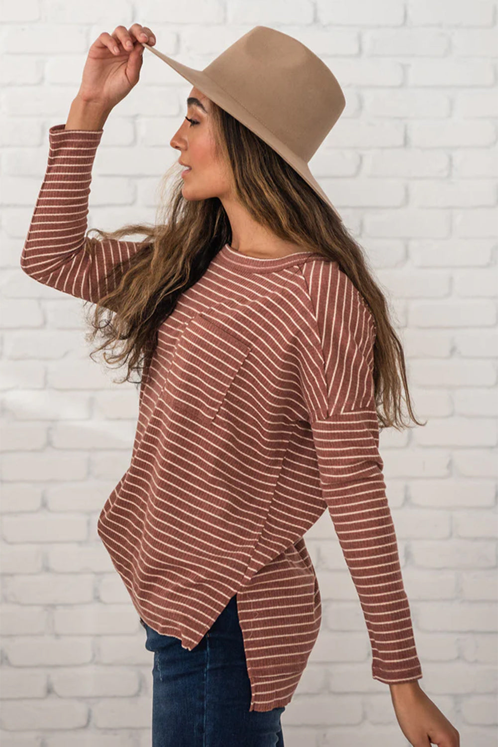 Stripe Side Slits Stitching Long Sleeve Top