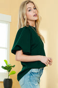 Green Solid Color Textured Puff Sleeve Top