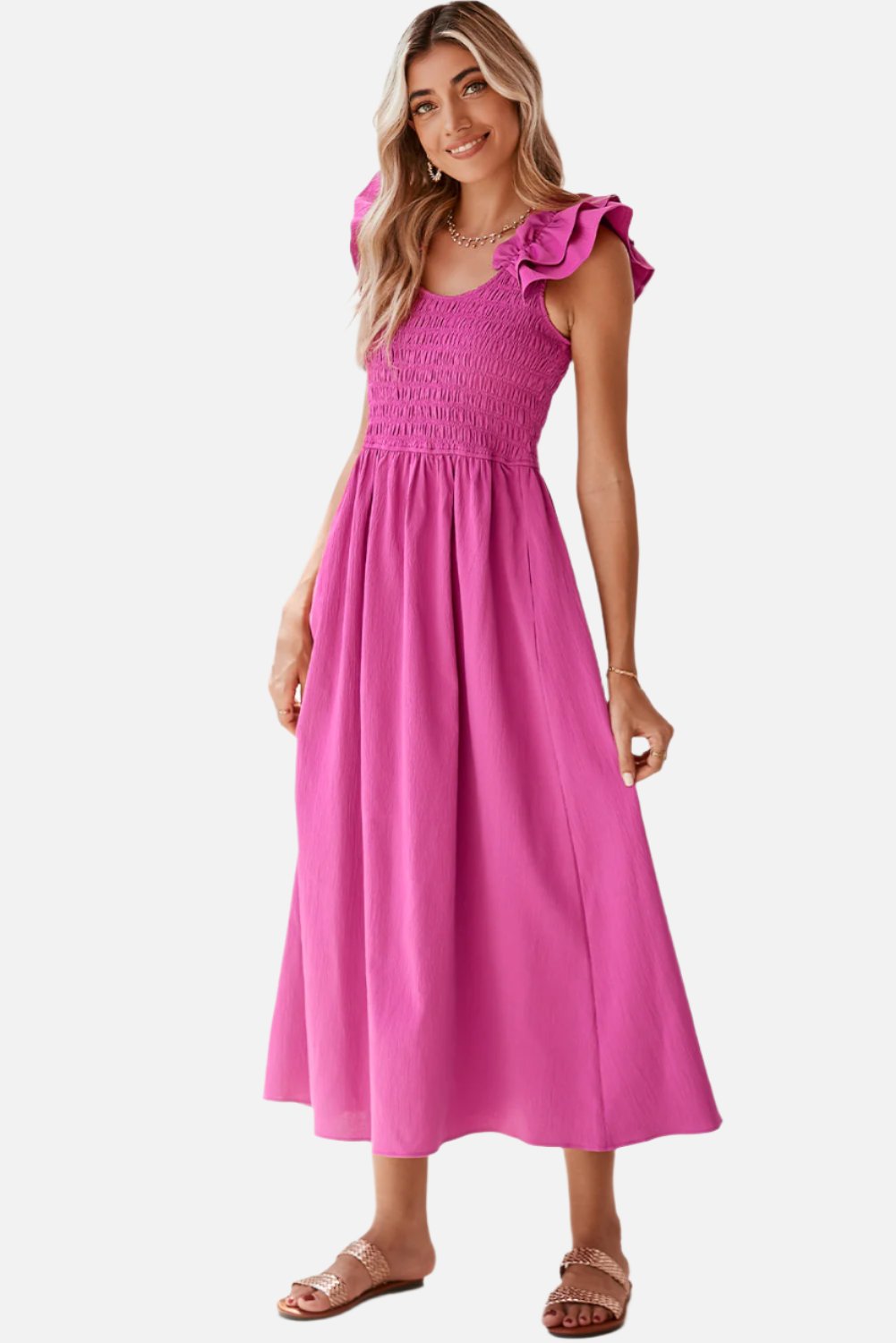 Rose Red Crinkled Ruffle Strap Smocked Maxi Dress