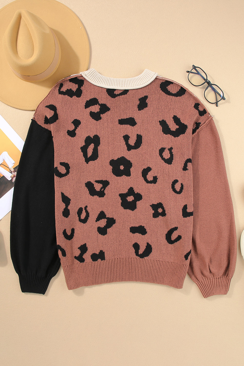 Coffee Leopard Print Patchwork Pullover Sweater