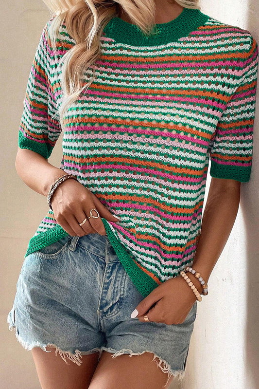 Dark Green Striped Pattern Hollow Out Contrast Trim Knit T Shirt