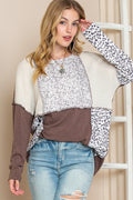 Leopard Print Exposed Seam Patchwork Pullover Long Sleeve Top