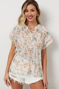 Multicolor Floral Button Notch Neck Ruffle Sleeve Blouse