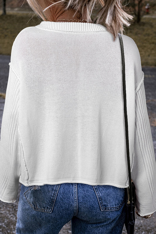 White Casual Collared Button-up Loose Fit Sweater