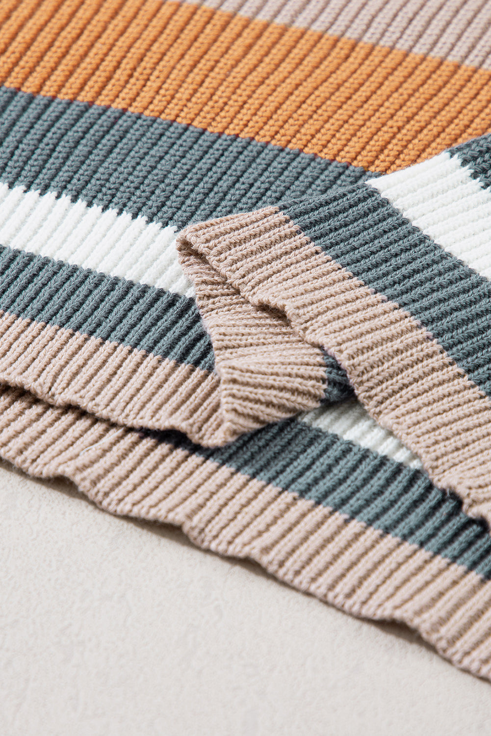 Taupe Striped Color Block Crewneck Knitted Sweater