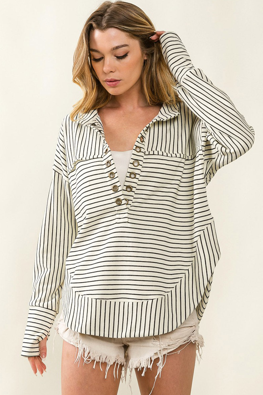 White and Black Striped Grommet Collared Thumbhole Long Sleeve Top