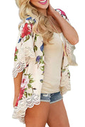 Beige Floral Print Scalloped Lace Splicing Kimono