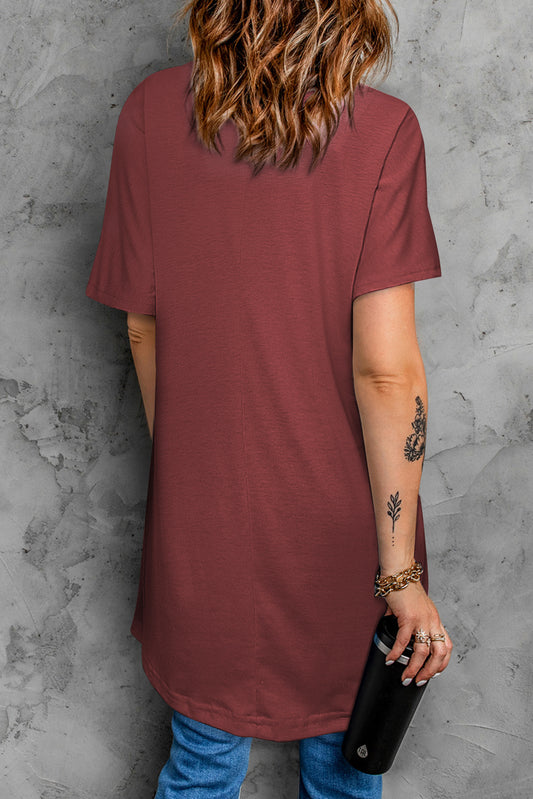 Red Loose Pocket Casual Tunic Long T-Shirt