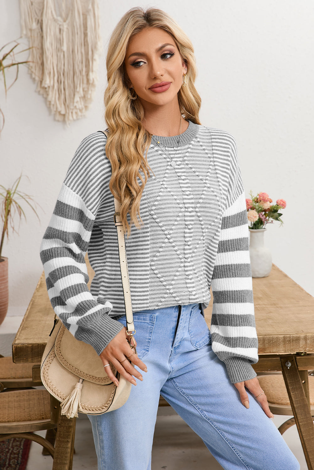 Brown Stripe Twisted Knitted Drop Shoulder Sweater