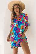 Multicolor Floral Print Mandarin Collar Short Sleeve Tunic Dress