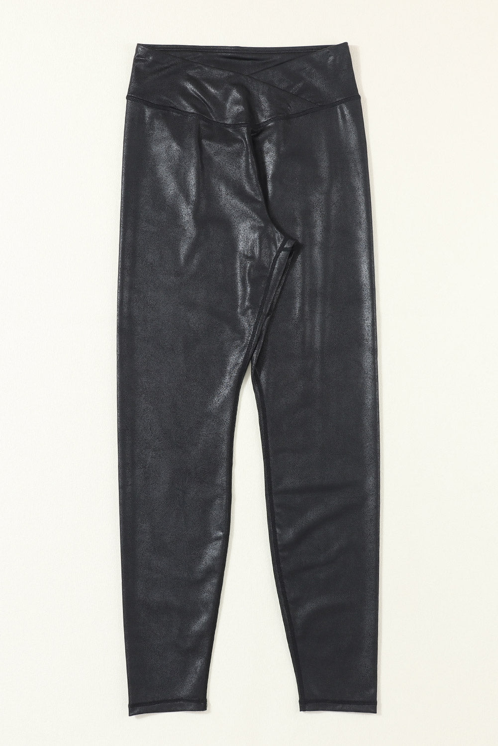 Navy Blue Crossed Dip Waist Sleek Leather Leggings