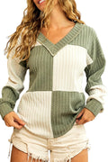 Smoke Gray Color Block Textured V Neck Long Sleeve Top