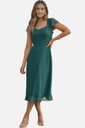 Sea Green Shirred Open Back Sweetheart Neck Ruffled Midi Dress