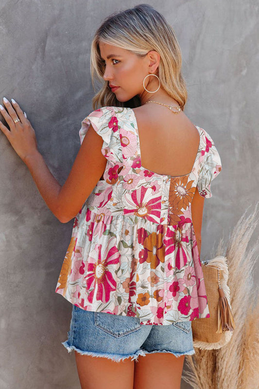 Multicolor Floral Print Flowy Flutter Sleeveless Shirt