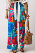 Multicolor Floral Abstract Print Drawstring Wide Waistband Pants