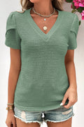 Mist Green Petal Sleeve Waffle Knit V Neck T-Shirt