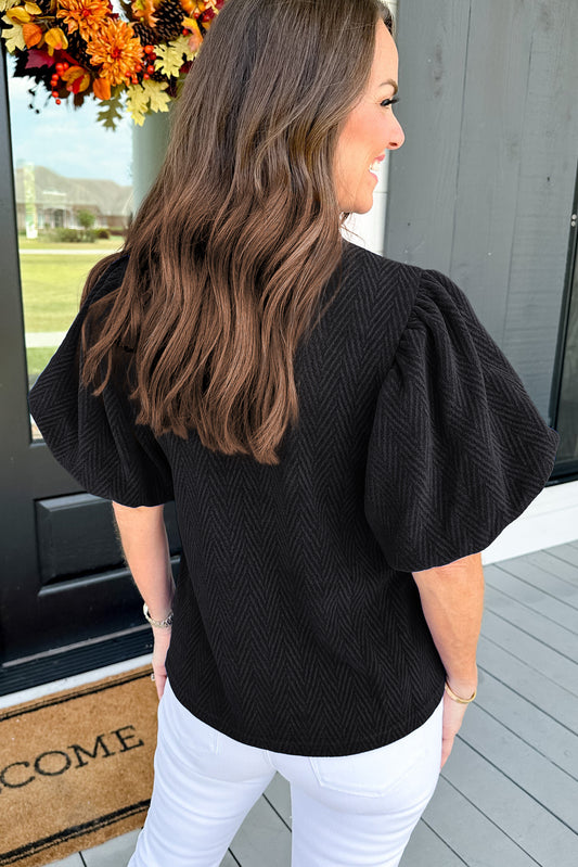 Black Solid Textured Puff Sleeve Mock Neck Blouse