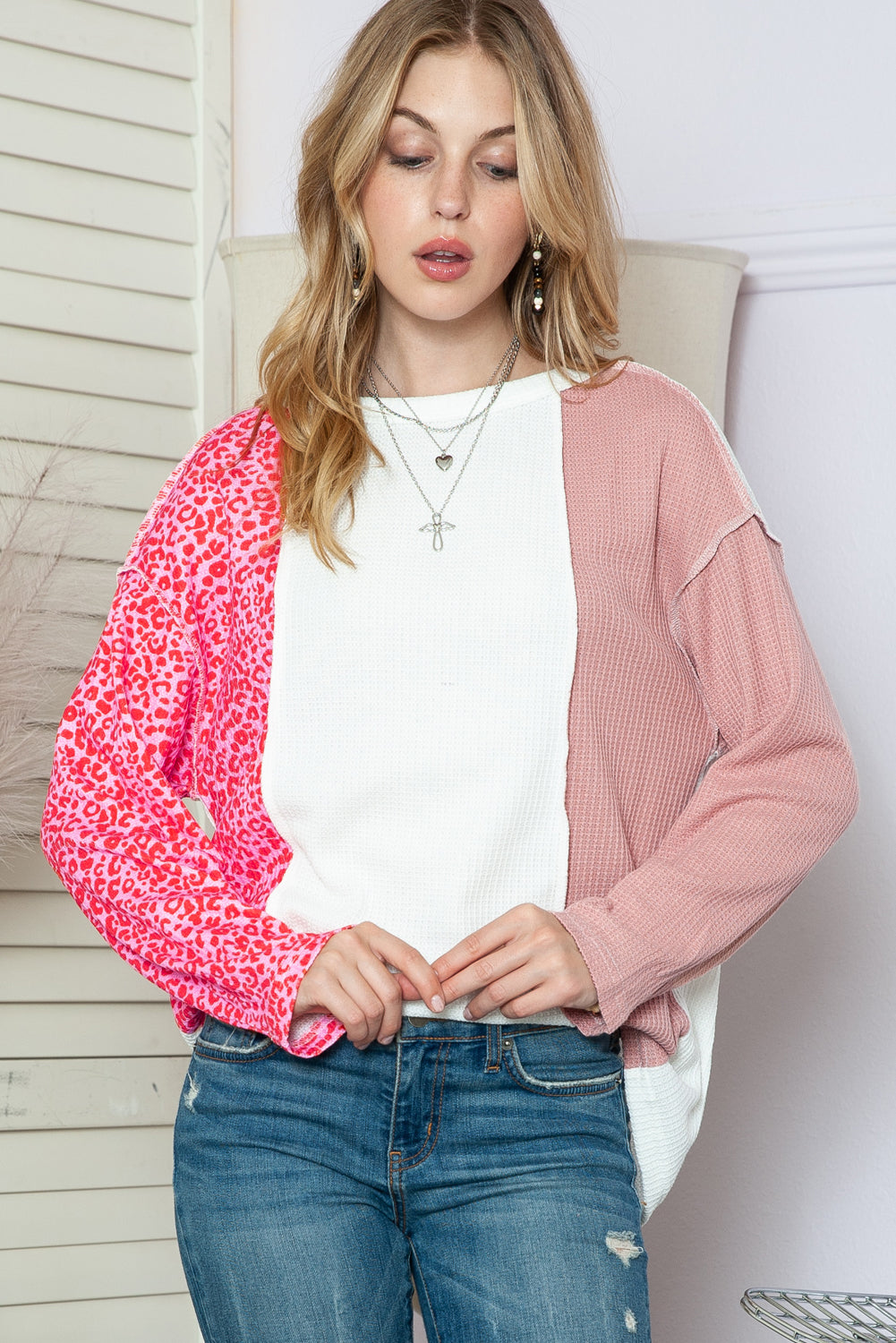 Pink and White Color Block Leopard Print Waffle Knit Long Sleeve Top