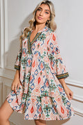 Multicolour Abstract Print Bell Sleeve Tiered Mini Dress