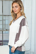 White Color Block Exposed Seam V Neck Long Sleeve Top