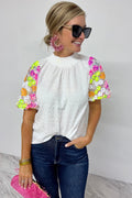 White Smocked Neck Sequin Flower Puff Sleeve Textured Top