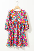 Sky Blue Boho Floral Print V Neck Lantern Sleeve Babydoll Dress