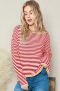 Striped Print Trim Drop Sleeve Knit Pullover Sweater