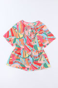 Multicolor Boho Abstract Pattern Split V Neck Flowy Top