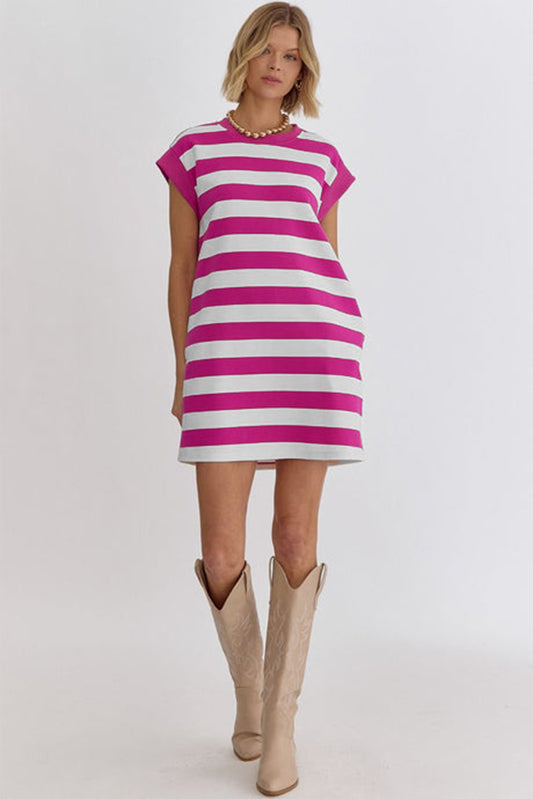 Rose Stripe Cap Sleeve Pocketed T-shirt Dress