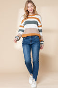 Taupe Striped Color Block Crewneck Knitted Sweater