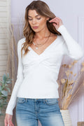 White Basic Cable Crossed V Neck Sweater