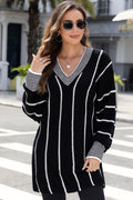 White Contrast V Neck Loose Tunic Sweater