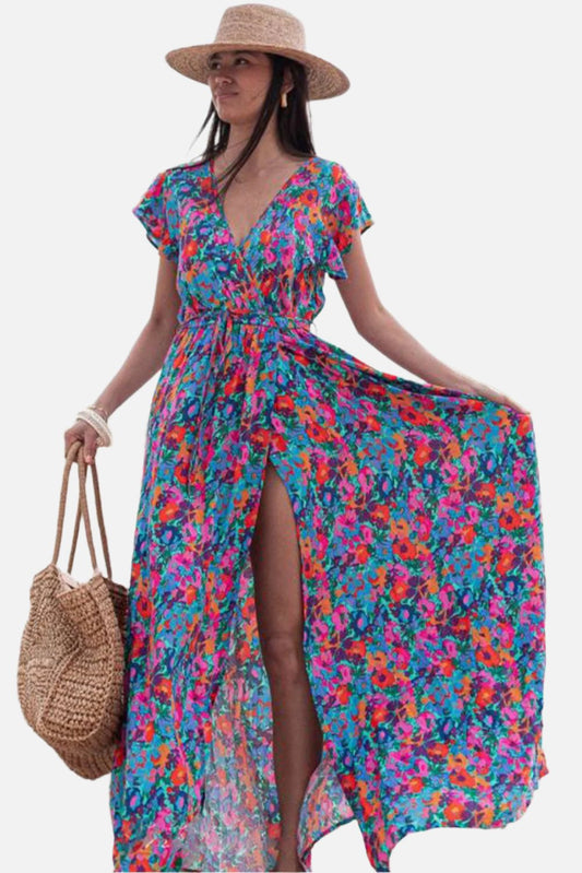 Blue Boho Floral Print V Neck Wrap Split Maxi Dress