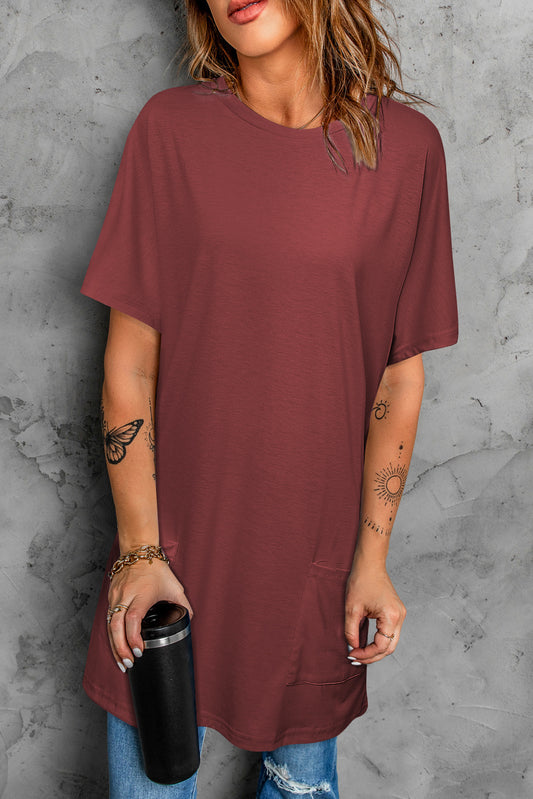 Red Loose Pocket Casual Tunic Long T-Shirt