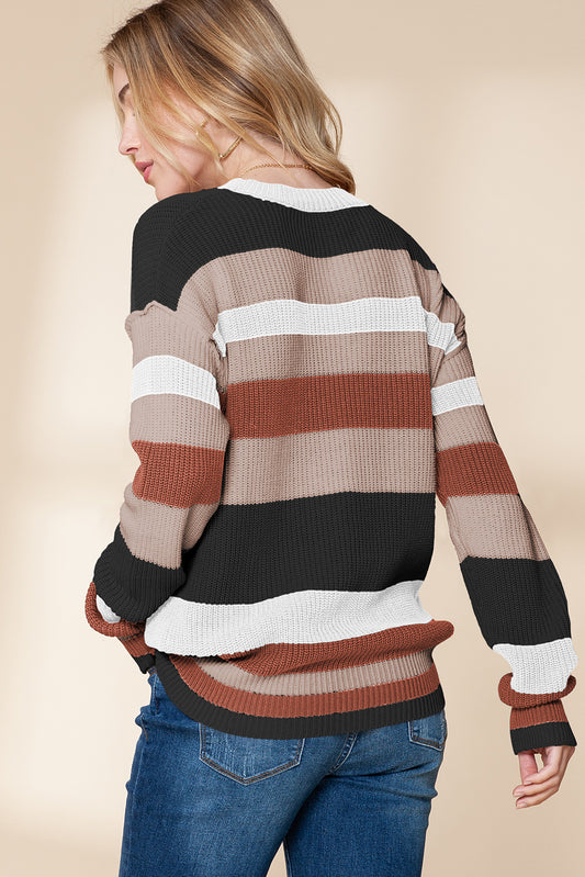 Taupe Striped Color Block Crewneck Knitted Sweater