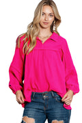 Rose Solid Color Gauze Collared Long Sleeve Top