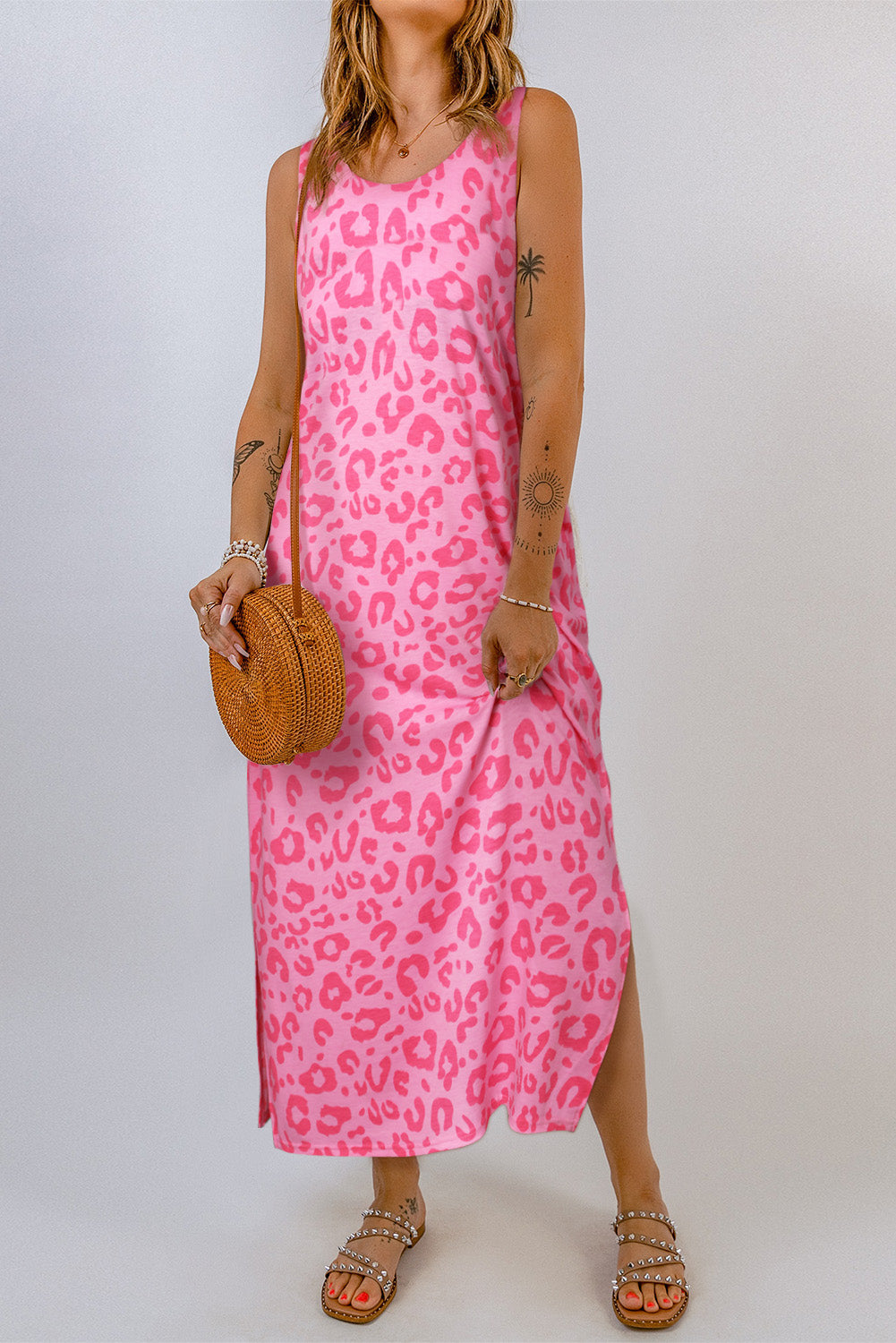 Rosy Leopard Print Side Slits Casual Sleeveless Dress