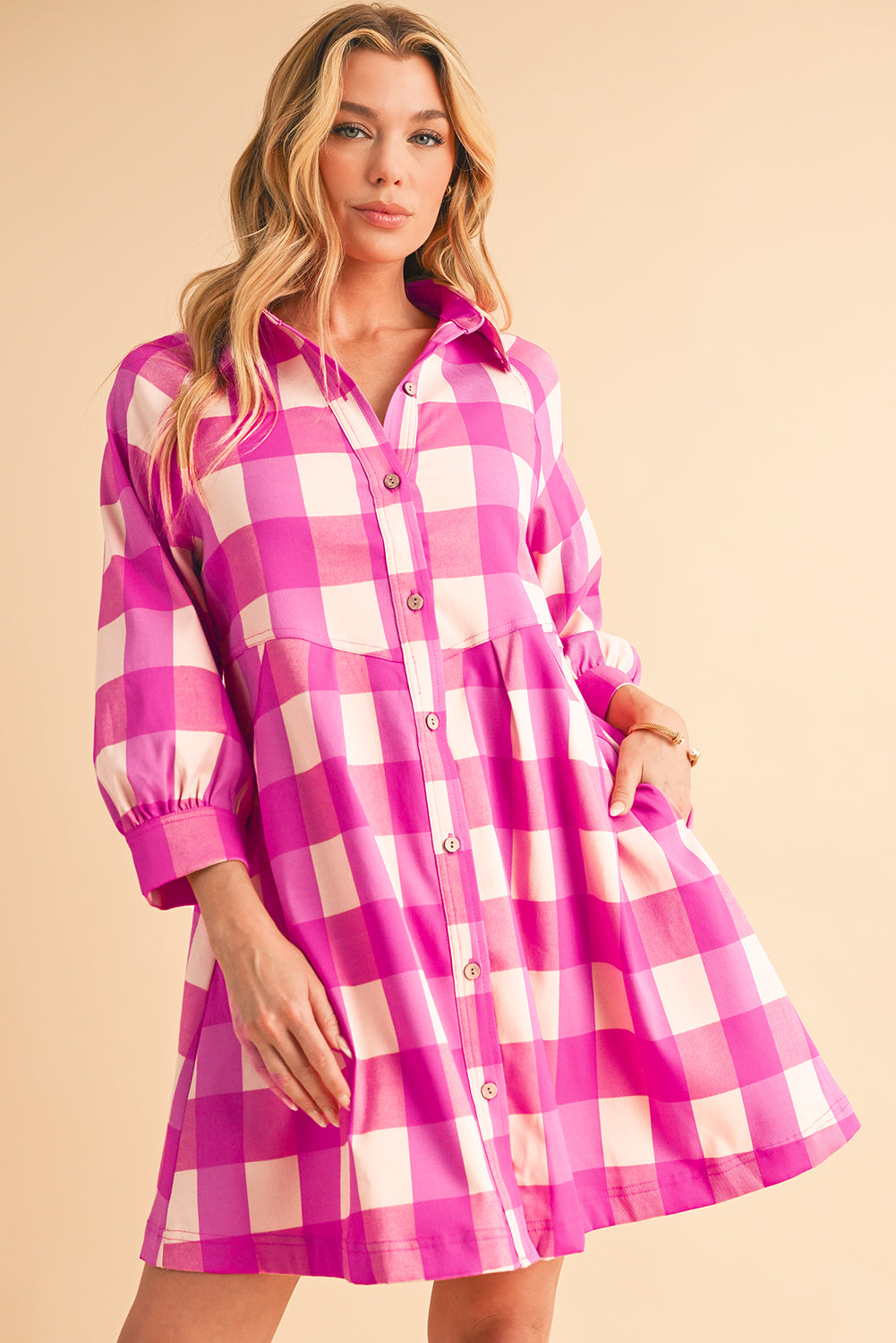 Rose Red Hidden Pocket Plaid Button Down Shirt Dress