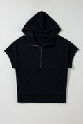 Black Half Zipper Kangaroo Pocket Short Sleeve Hoodie