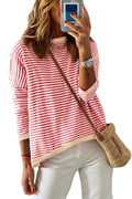 Striped Print Trim Drop Sleeve Knit Pullover Sweater