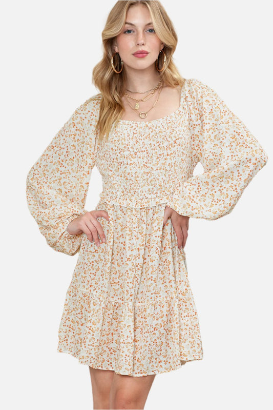 Apricot Boho Floral Smocked Puff Sleeve Short Dress