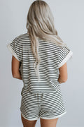 White Stripe Contrast Trim Rib Tee and Pocketed Shorts Set