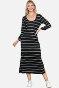 Black Striped Casual Slit High Waist Maxi Dress