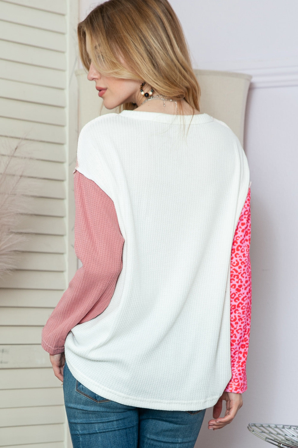 Pink and White Color Block Leopard Print Waffle Knit Long Sleeve Top