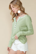 Matcha Green Waffle Textured Long Sleeve Henley Top