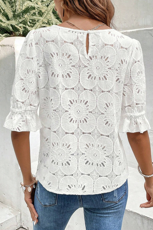 White Flower Eyelet Jacquard Keyhole Puff Sleeve Blouse