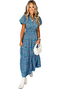 Blue Abstract Print Split V Neck Shirred High Waist Maxi Dress