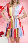 Multicolor Striped Rainbow V Neck Short Sleeve Tiered Dress