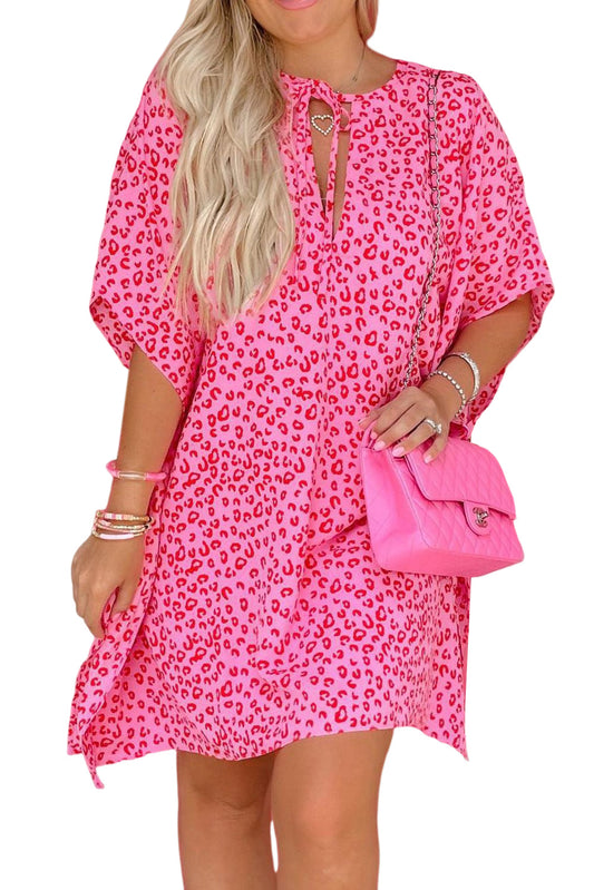 Pink Keyhole Short Sleeve Casual Leopard Print Dress