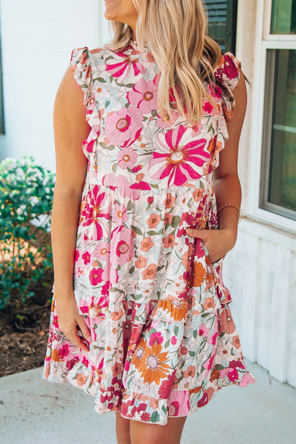 Floral Print Casual Ruffled Sleeveless Tiered Short Dress